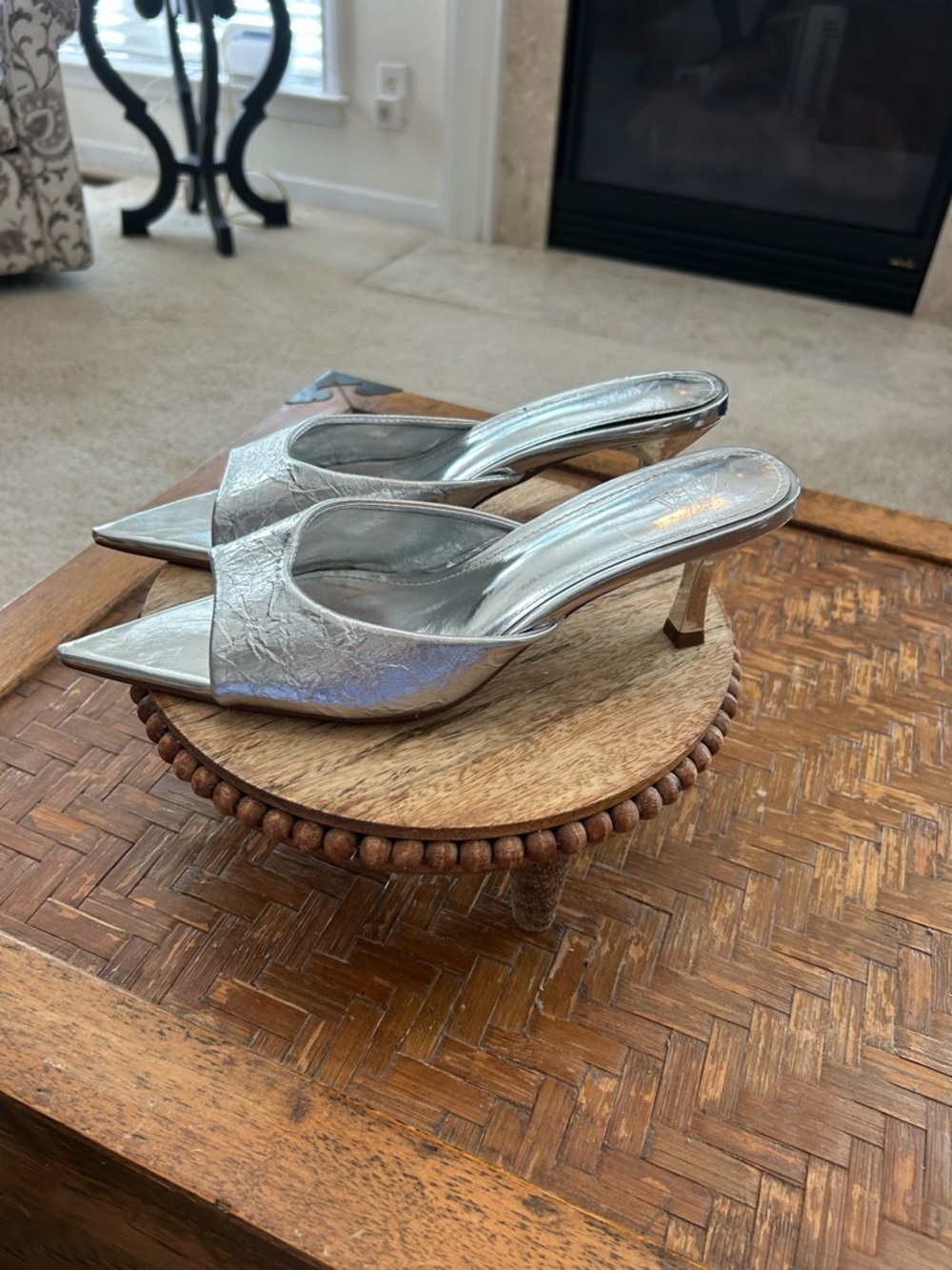 Zara Metallic Silver Pointed-Toe Kitten Heel Mules - Picture 3 of 6